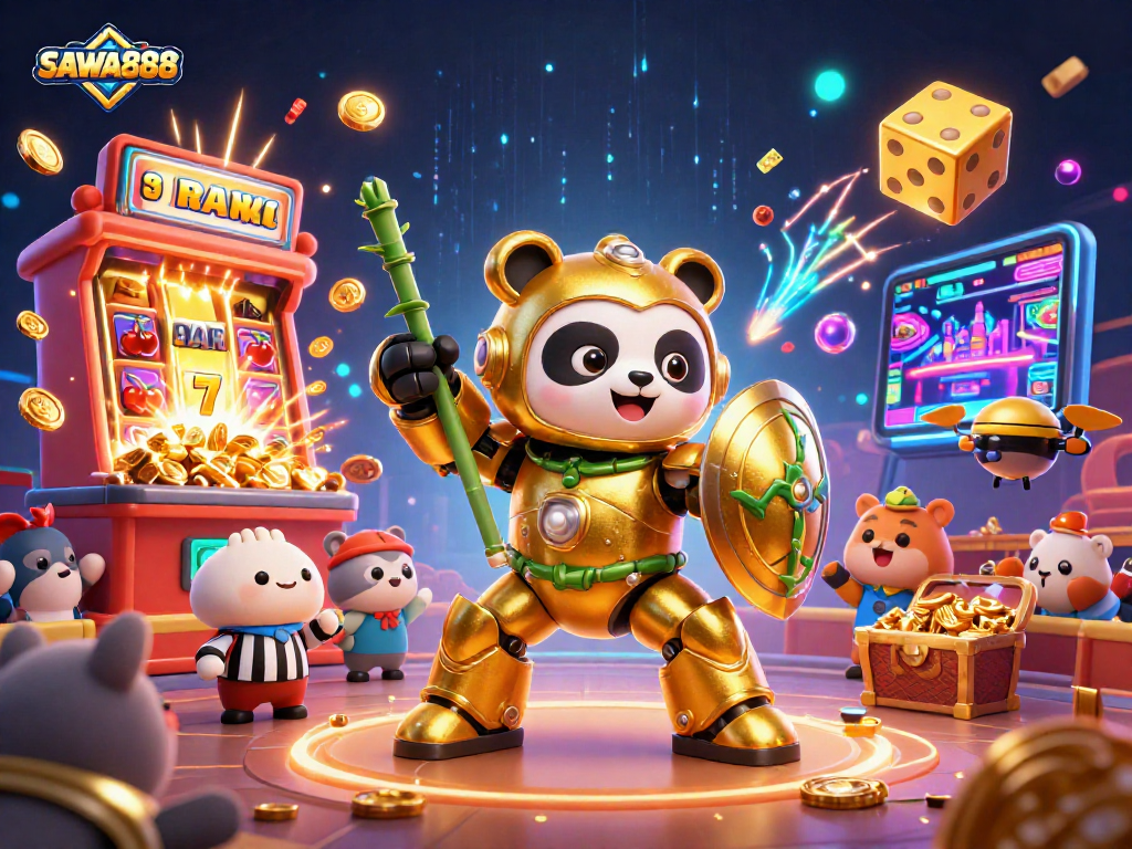 SAWA888 celebrates thrilling fun with golden panda and jackpot bursts in a vibrant casino arena.