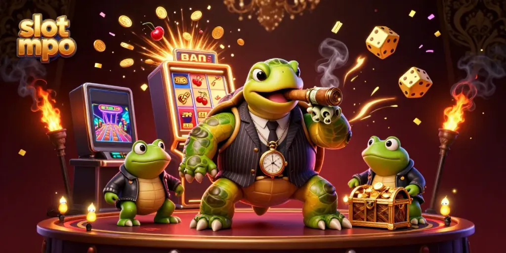 Engage with slot mpo games featuring a mobster turtle and bullfrog enforcers amidst vibrant casino action.