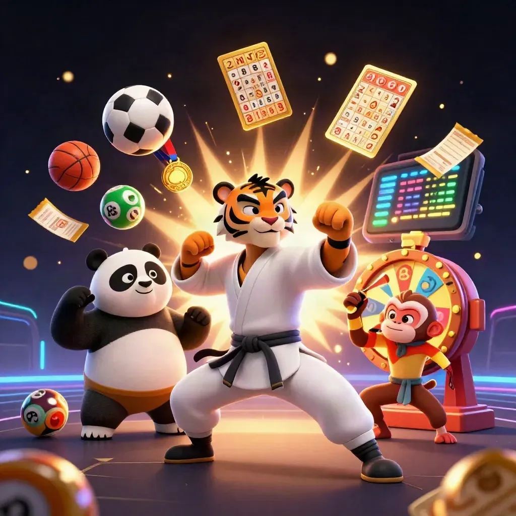 Kung-fu tiger, panda, and monkey amid casino sports chaos with balls and golden effects
