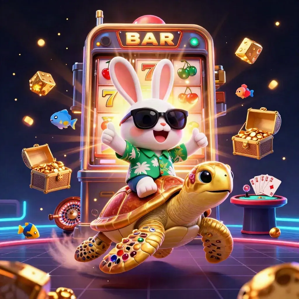 Rabbit rides gem turtle amid slot machine jackpot burst, gold treasure, neon casino glow