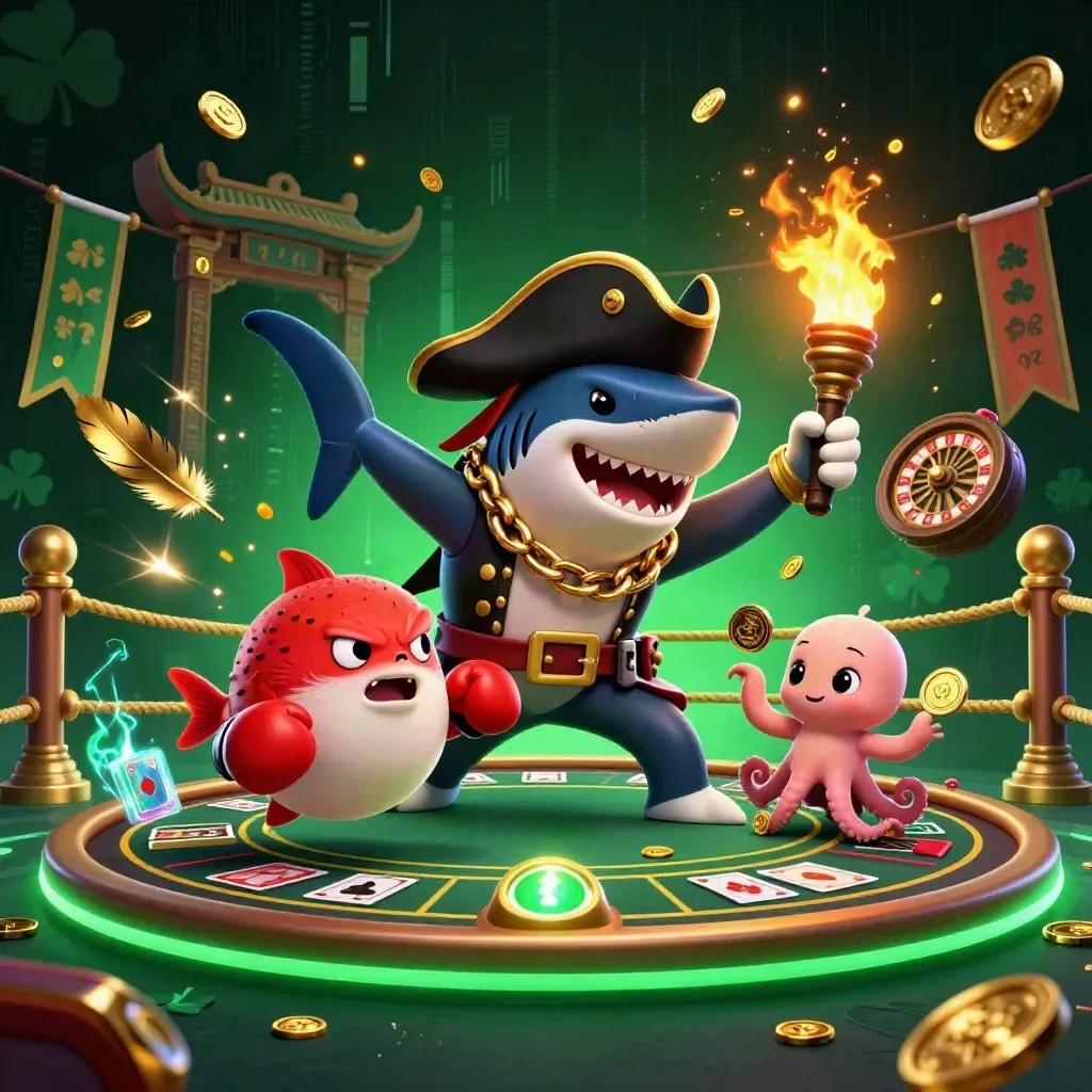Pirate shark, boxing pufferfish, and coin-juggling octopus amid casino treasure and neon emerald glow