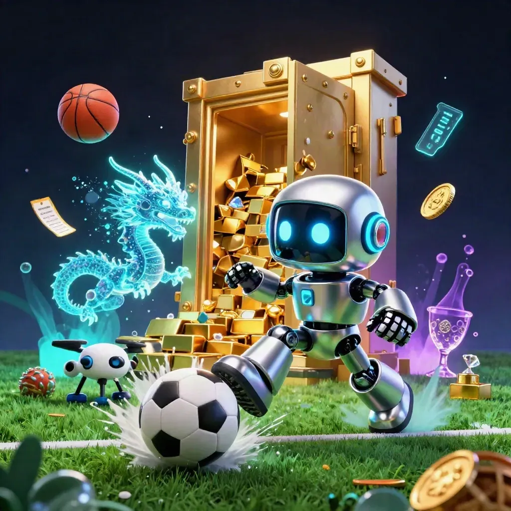 Cyberpunk robot, holographic dragon and coin drone amid goal-line turf blast, gold and light.