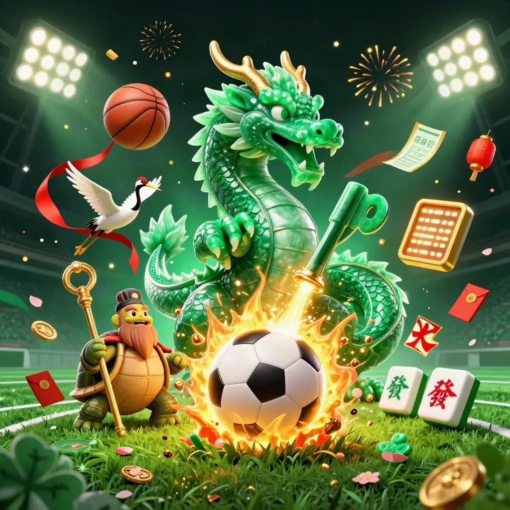 Jade dragon, turtle sage and cranes swirl around a soccer ball with gold fire and casino sparks.