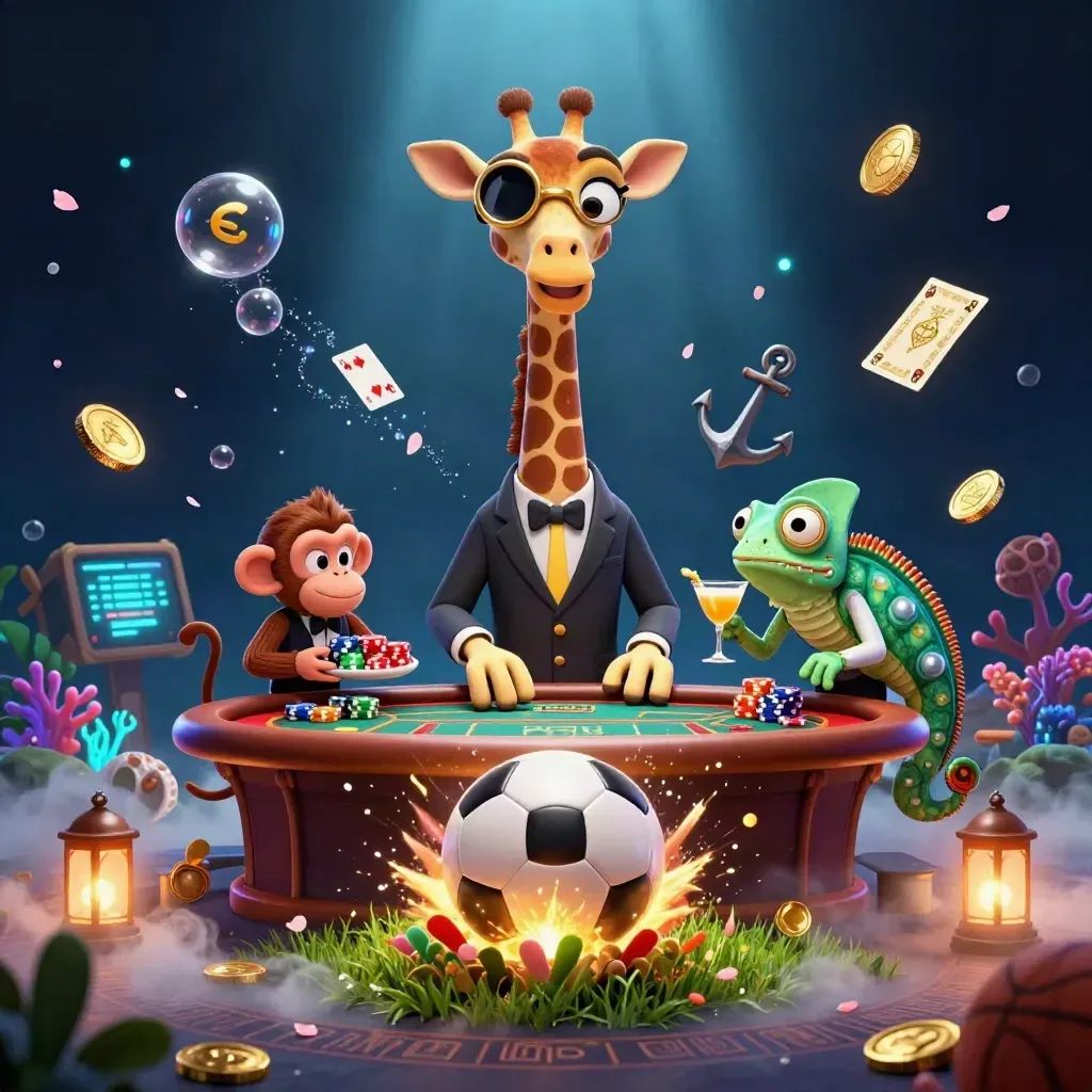 High-roller animal mascots burst around a soccer ball in a luxe treasure-lit casino scene