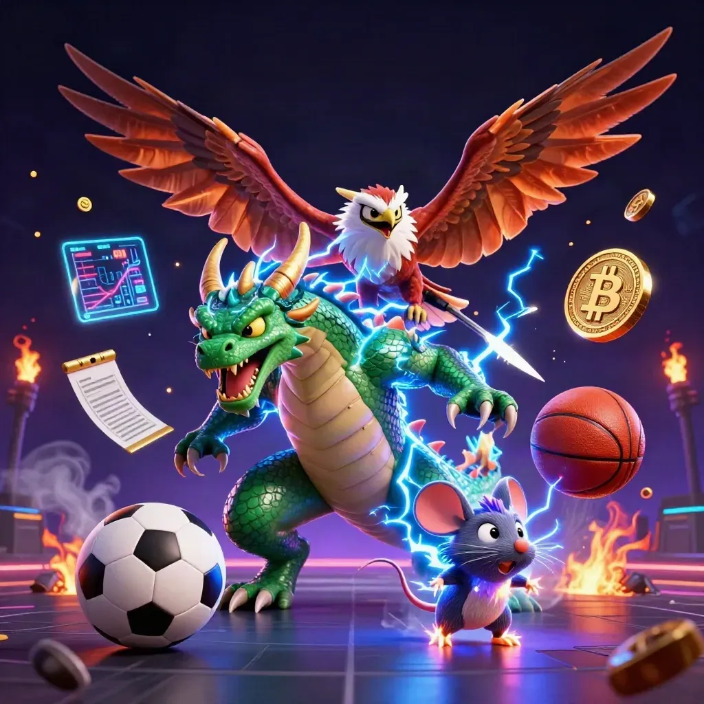 Thunder dragon, wind hawk, and static mouse racing through neon casino sports energy with coins and lightning