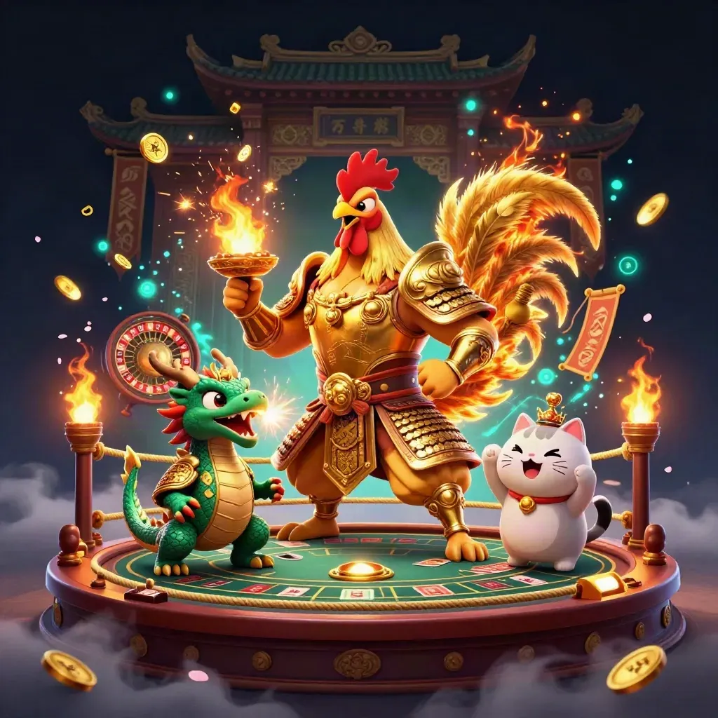 Rooster warrior, dragon hatchling, and fortune-cat in a luxe casino battle scene.