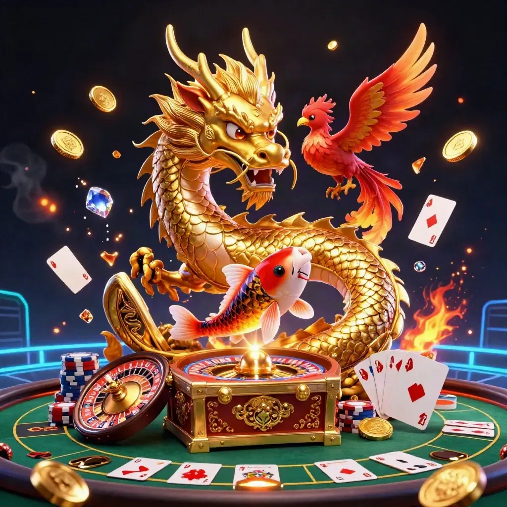 Golden dragon with phoenix and koi amid casino riches, neon-lit and luxurious.