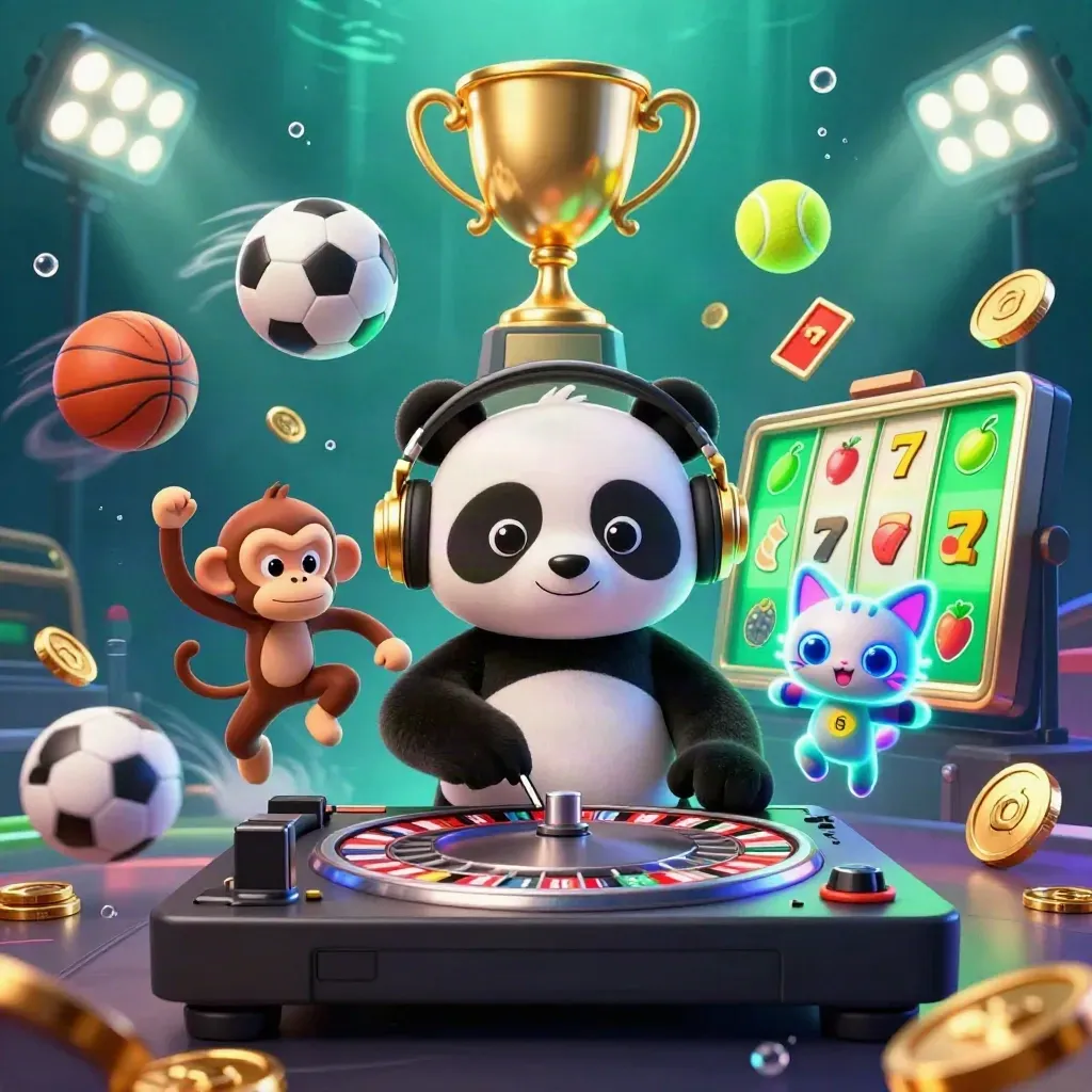 Panda DJ, dancing monkey, and glow-stick kitten in an underwater casino burst with coins and sport balls.