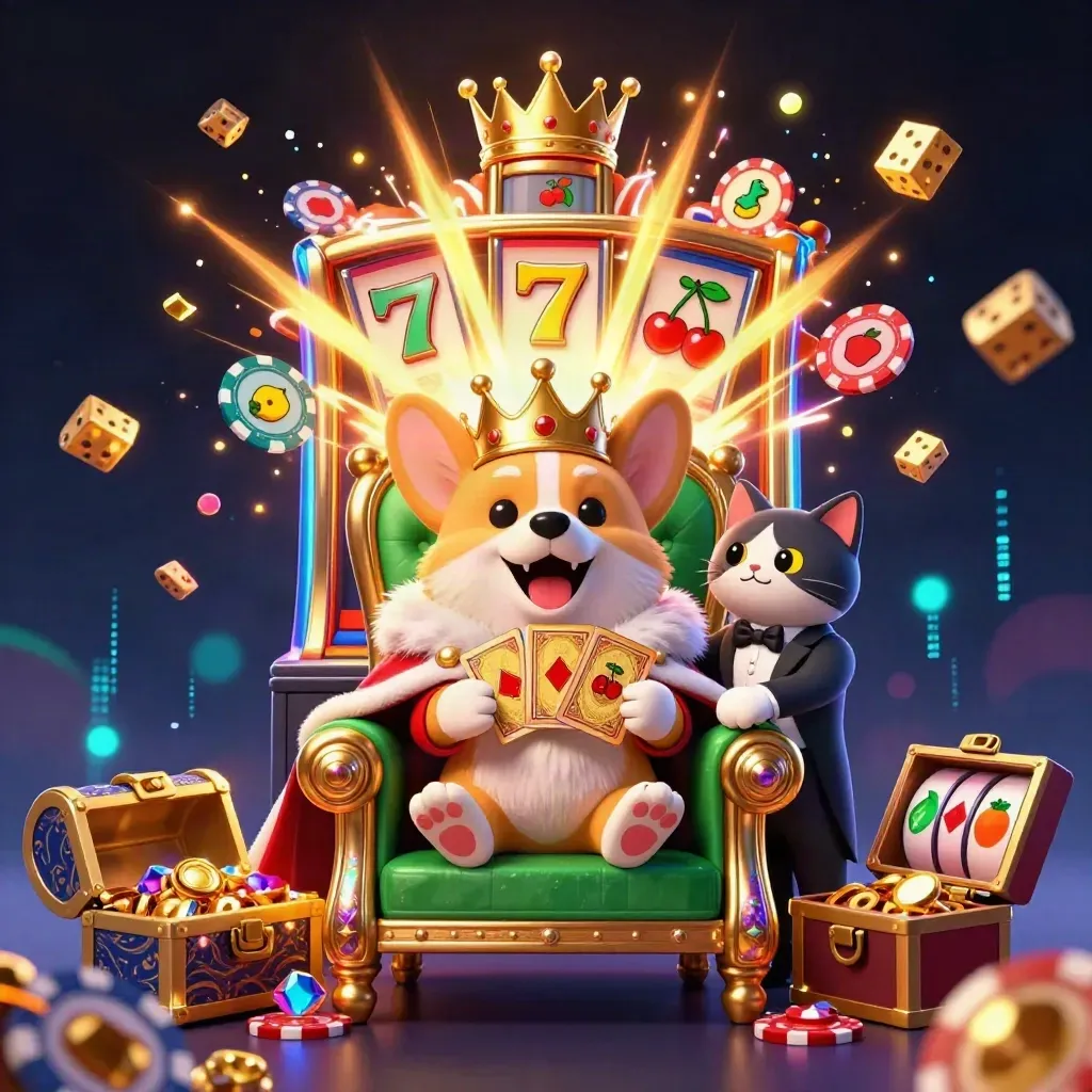 Royal corgi and cat butler amid bursting slot machine, gold chest, dice, and neon casino effects.