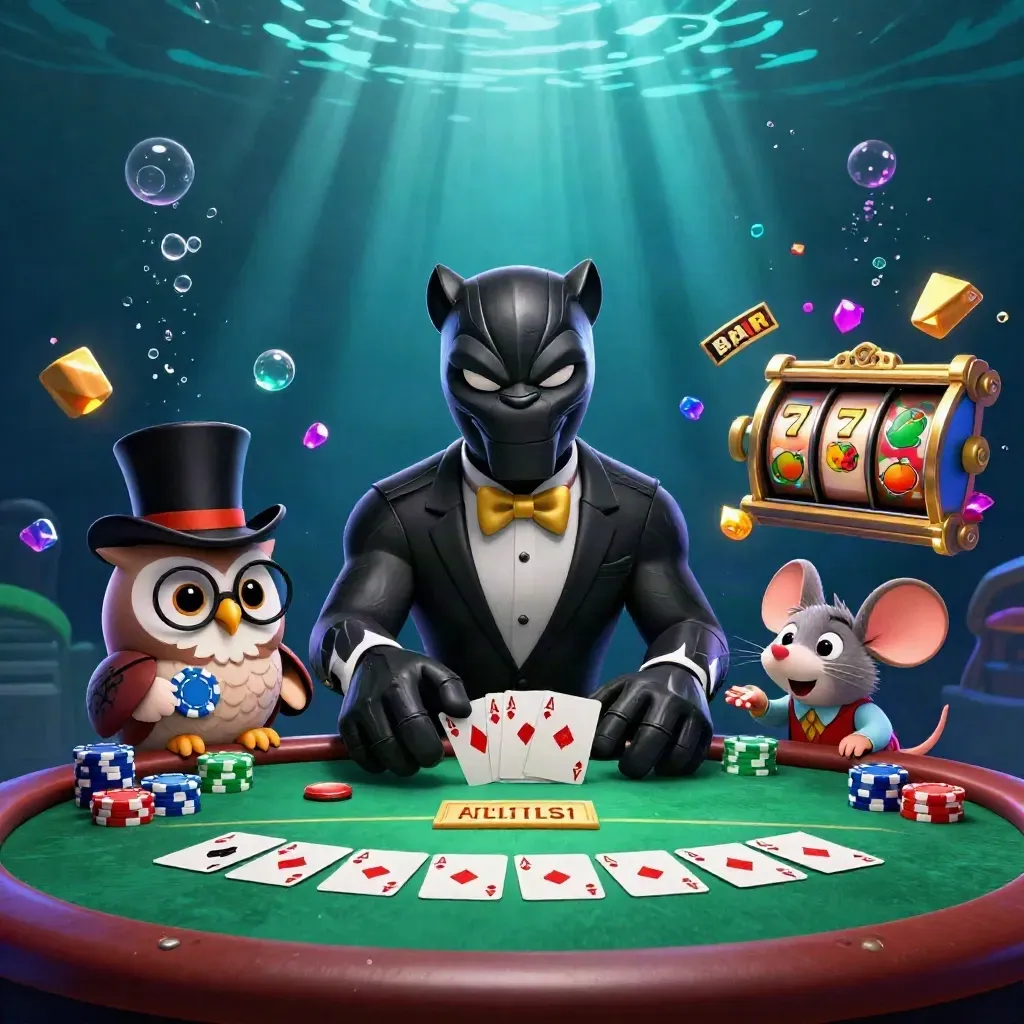 Panther, owl, and mouse deal cards at a glowing underwater casino table with chips and gems