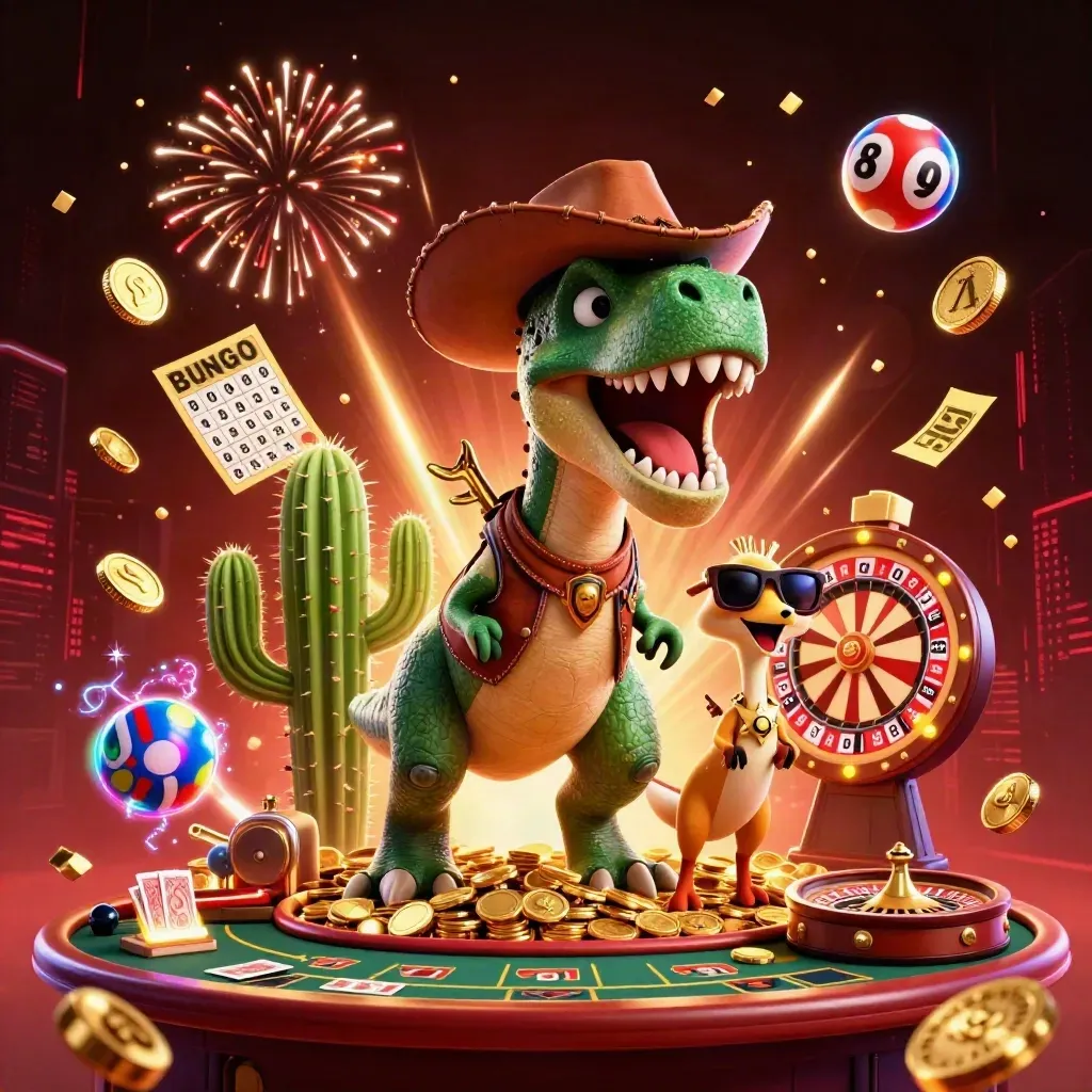 3D cowboy T-Rex trio amid vault burst, coins, fireworks, casino games, dark neon skyline