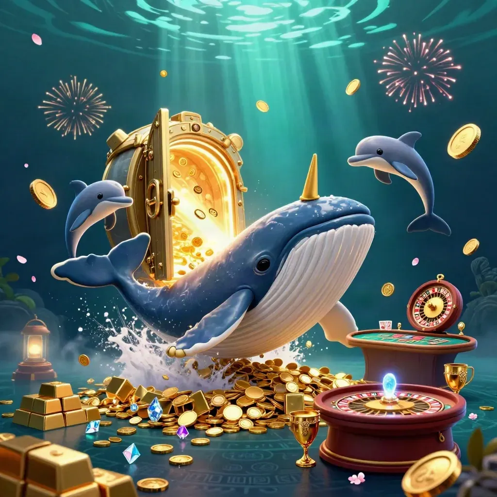 Whale captain, narwhal, and dolphins burst from a coin vault amid casino games and underwater fireworks.