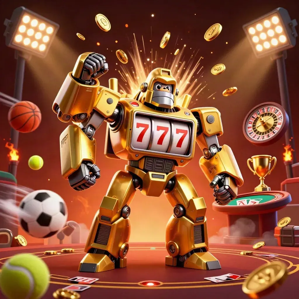 Golden gorilla slot-mech with monkey pilot amid coins, balls, trophy, roulette, and casino lights.