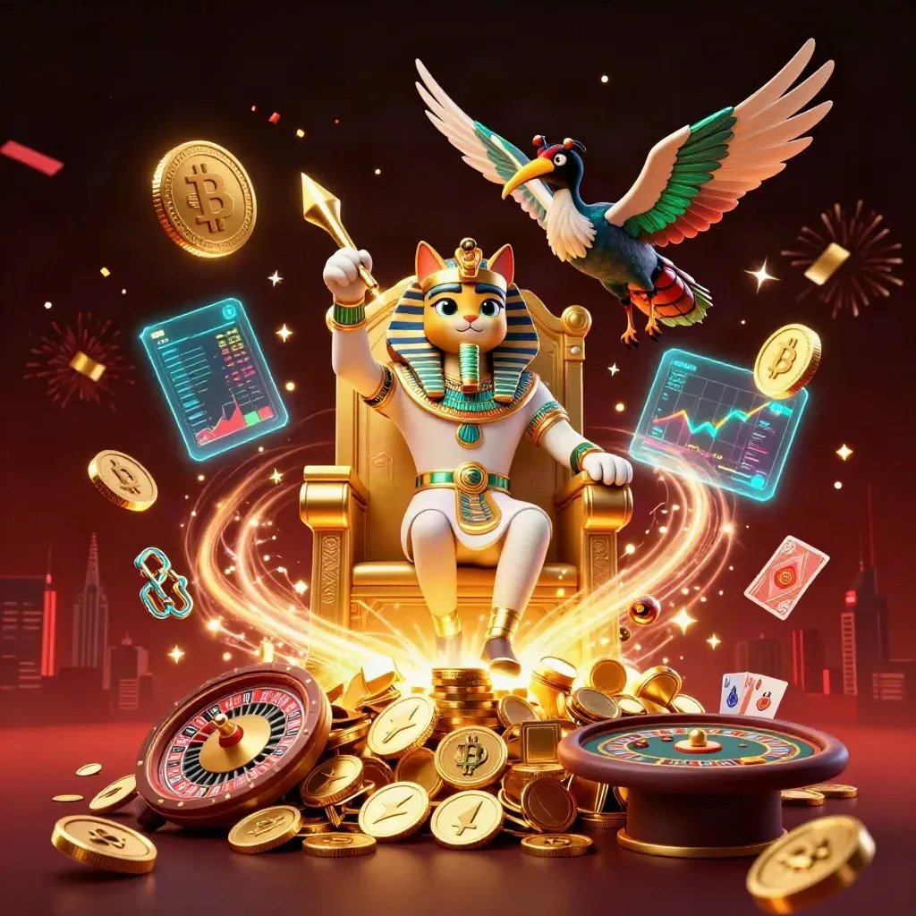 Pharaoh cat, ibis scribe and scarabs amid casino coins, neon charts and fireworks.