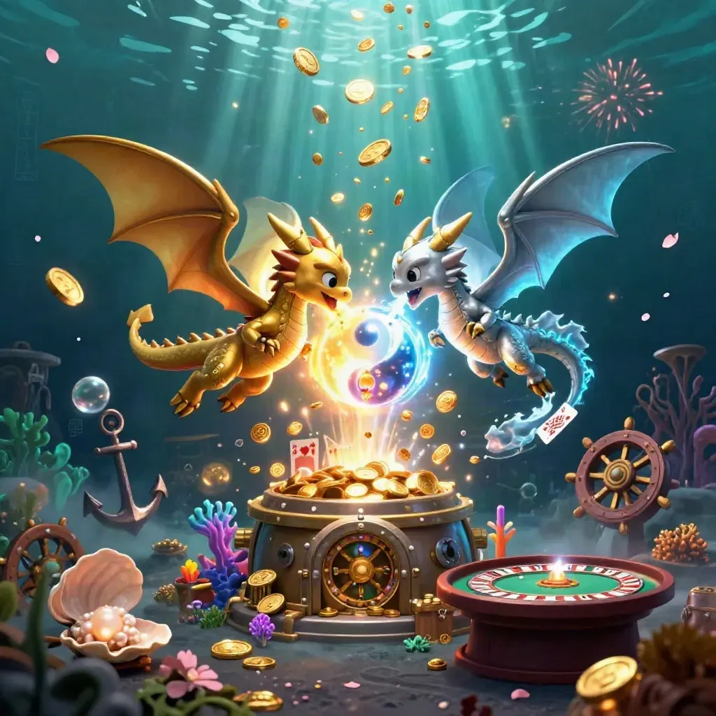 Twin dragons swirl amid coins, coral, cards, and casino symbols in a glowing underwater vault.
