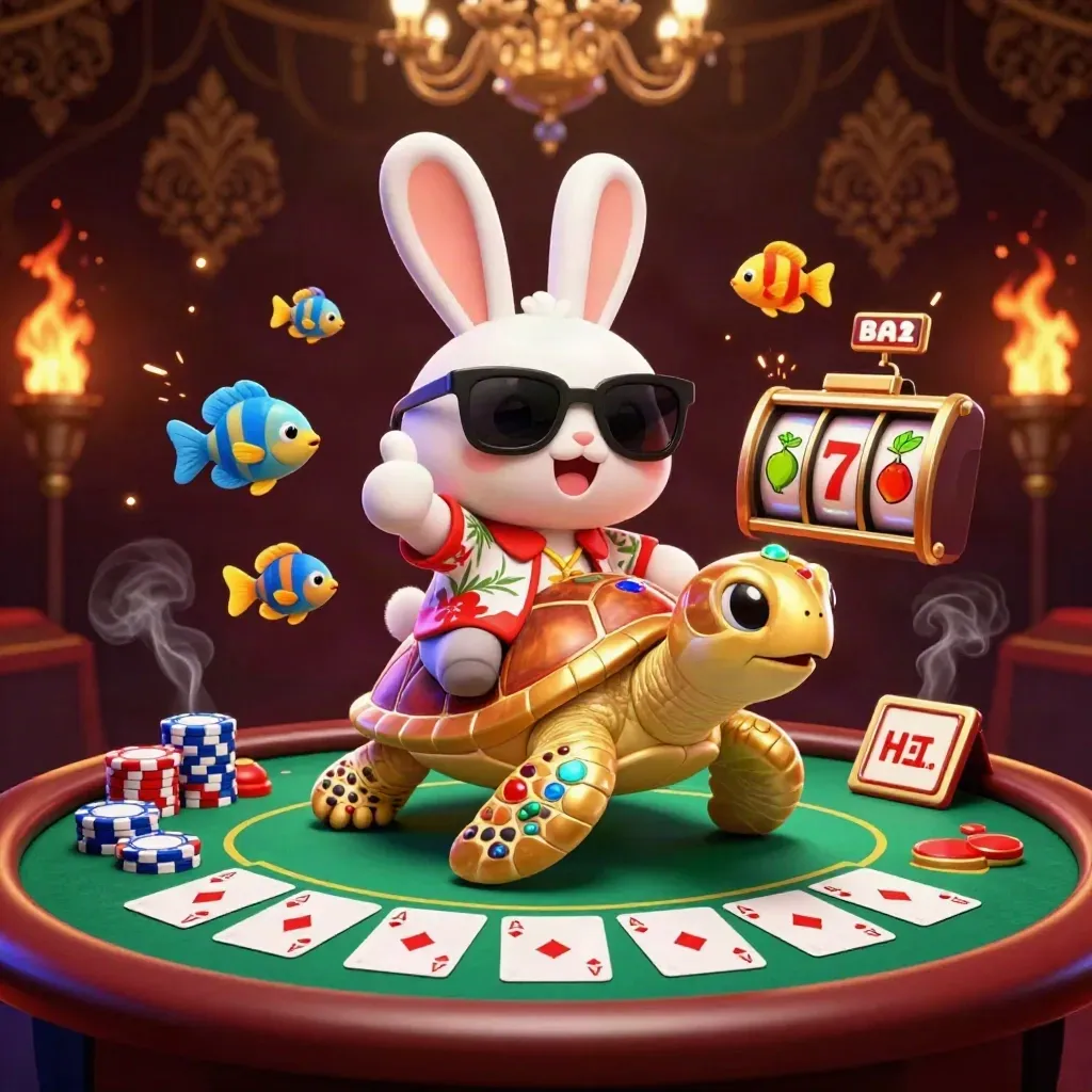 Lucky rabbit rides a golden sea turtle amid casino chips, cards, reels and ember-lit luxury.