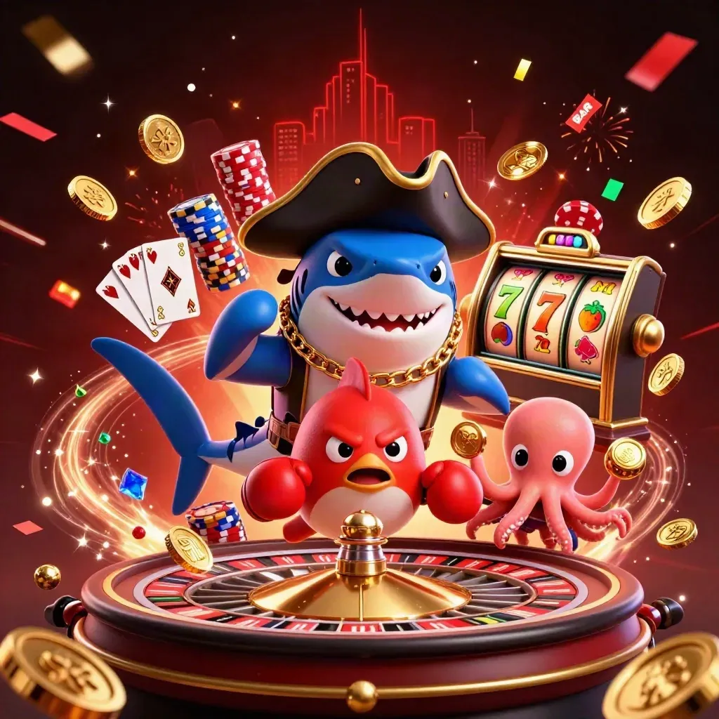 Pirate shark, boxing pufferfish, and coin-juggling octopus amid casino riches and crimson neon.