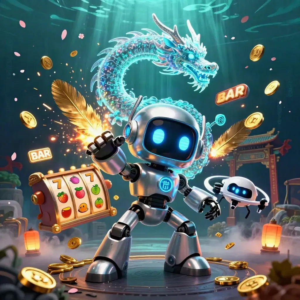 Cyberpunk robot, holographic dragon, and drone amid casino coins, reels, and glowing temple ruins.
