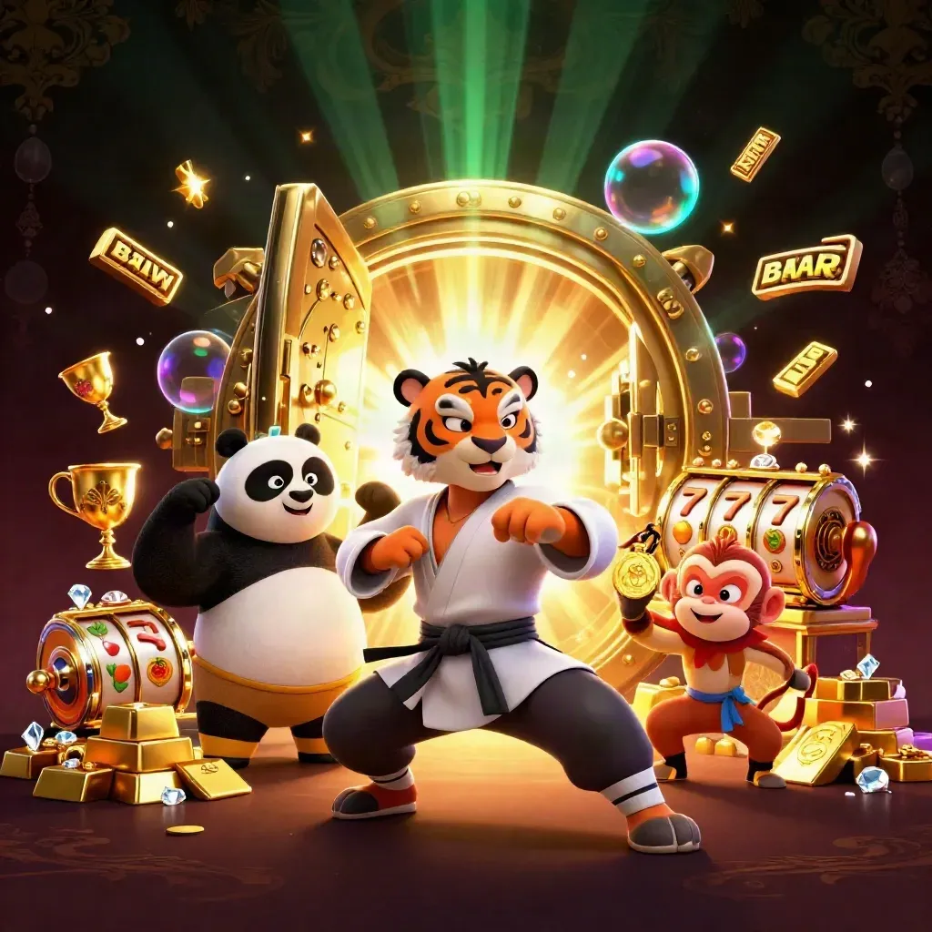 Tiger, panda, and monkey amid vault gold, reels, gems, and glowing casino effects.
