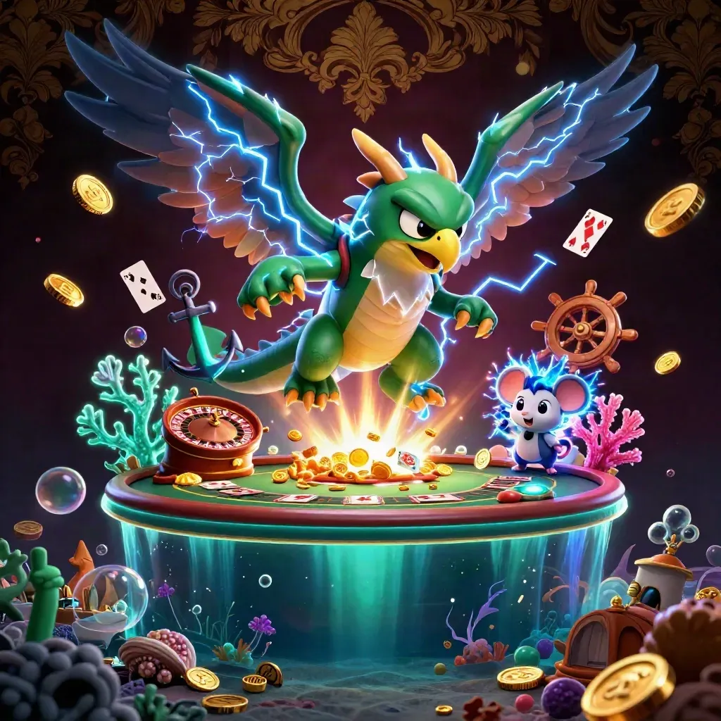 Thunder dragon, wind hawk, and thunder-mouse amid casino treasure and glowing underwater effects.