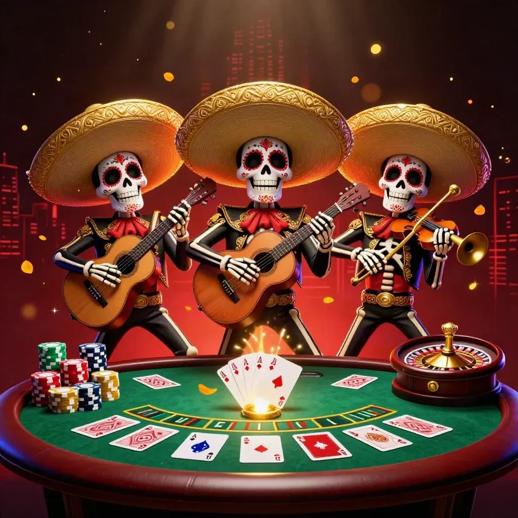 Day-of-the-Dead skeleton mariachi trio in a neon casino scene with chips, cards, and a roulette wheel.