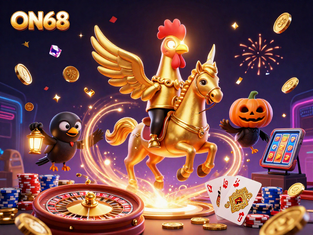 Experience exciting gaming at ON68 with a golden rooster rider amidst dazzling casino action.