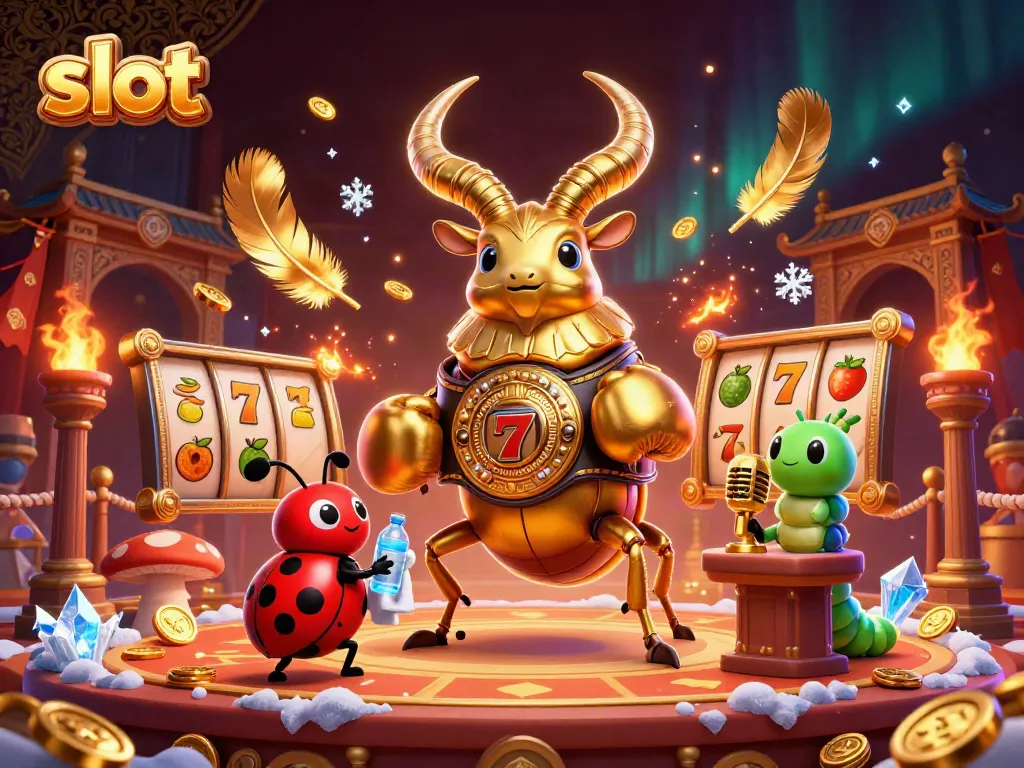 Experience excitement with slot machines represented by a giant stag beetle in a boxing match.