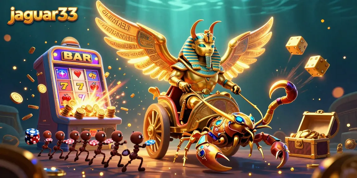 Engage with jaguar33's vibrant casino world featuring a golden scarab beetle and a jackpot explosion amidst colorful slot symbols.