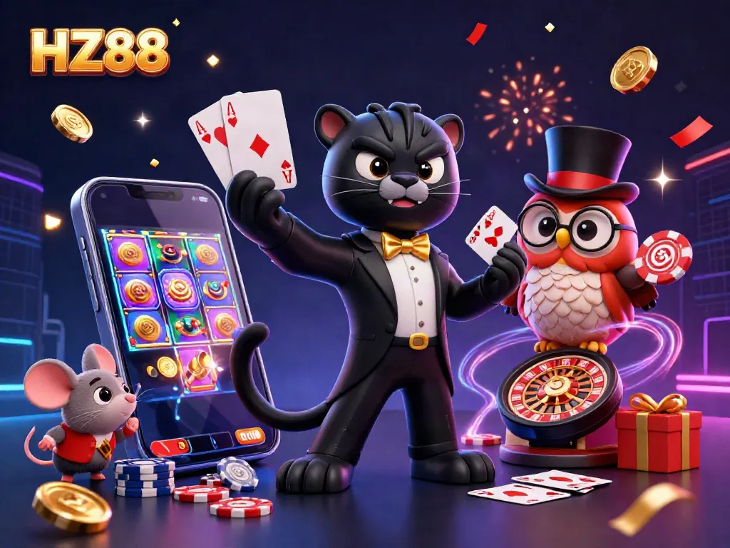 Engaging 3D scene showcasing HZ88 with a stylish panther dealer, an owl with poker chips, and a lucky mouse amidst slot games and vibrant casino elements.