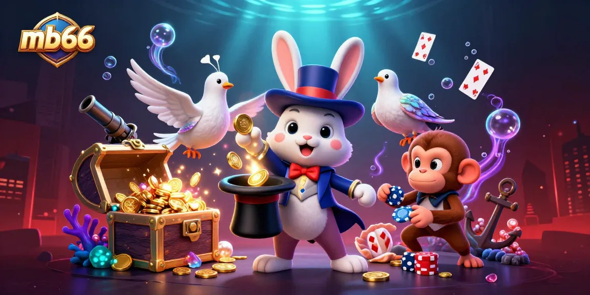 Experience the thrill of mb66 casino action with a vibrant scene featuring a magician rabbit, a dove, and a monkey.