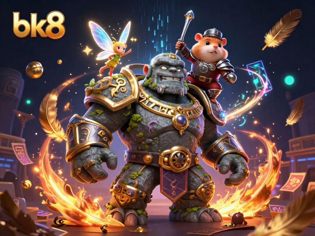 Engaging in thrilling sports betting with bk8, a cartoon golem and a hamster knight amidst dynamic action.