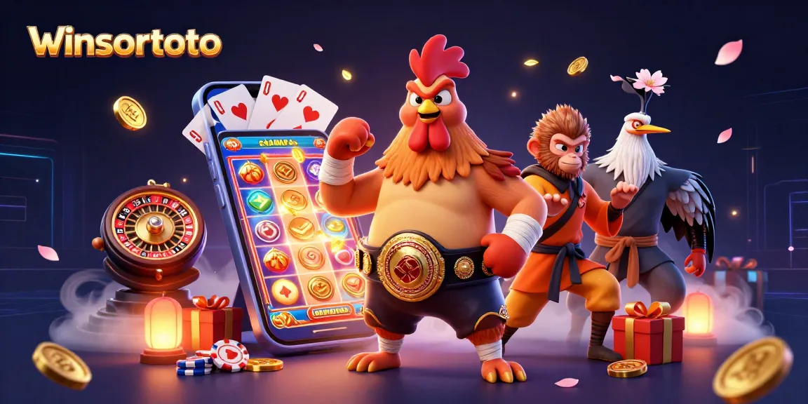 winsortoto showcases excitement in a vibrant 3D casino scene with animated characters and dynamic gambling elements