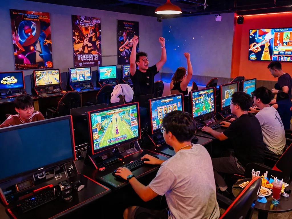 Players enjoying slot gacor machines in a vibrant gaming lounge with colorful lights and dynamic atmosphere.