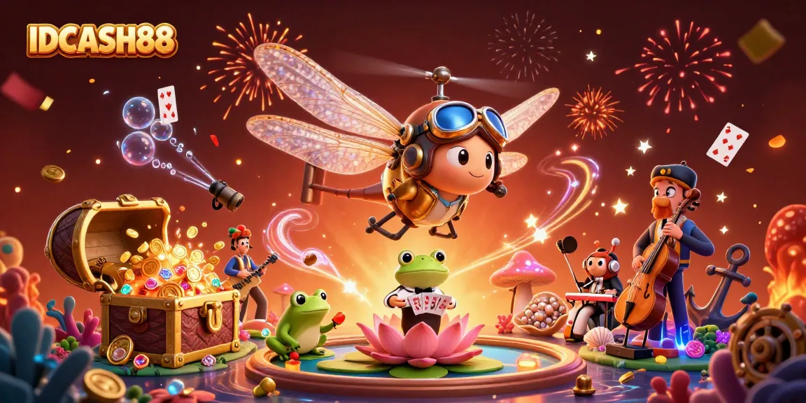 Experience the excitement of IDCASH88 with a vibrant 3D illustration featuring a dragonfly pilot, a frog croupier, and lively jazz musicians.