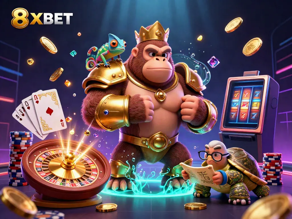 8XBET showcases a powerful gorilla king and friends engaged in a vibrant casino adventure.