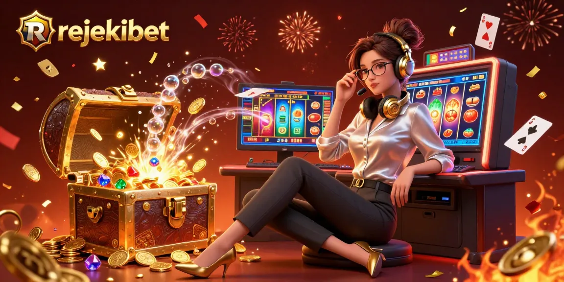 Engage with rejekibet's thrilling slots experience, showcasing a gamer at a high-tech setup with casino elements.