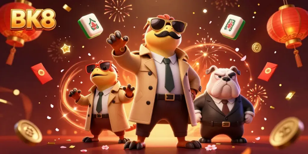 Experience BK8 in an animated VIP casino scene featuring raptors and festive decorations.