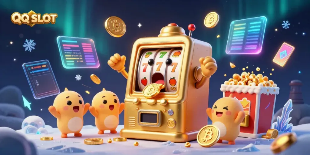 Celebrate winning moments with QQ SLOT and cheerful baby slots pouring coins in a vibrant casino scene.