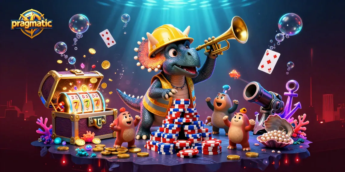 Engage in pragmatic gaming with the cheerful triceratops building poker chips amid vibrant slot elements.