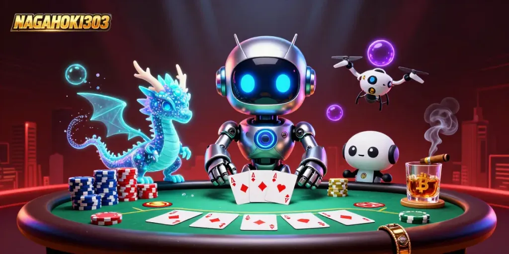 Gambarkan momen penuh aksi dalam NAGAHOKI303 di kasino digital dengan karakter menarik dan elemen permainan.
