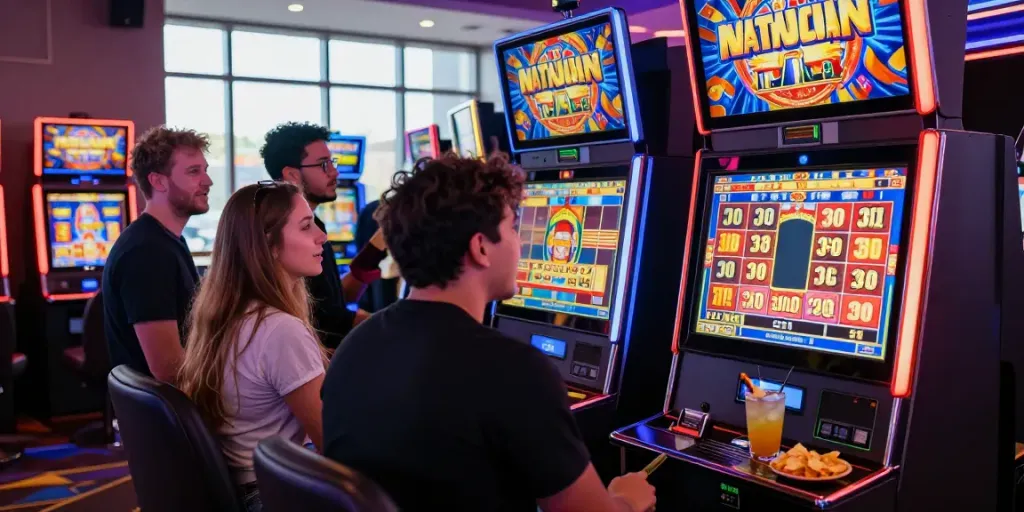 Players celebrating a slot jackpot win in a lively casino setting with colorful machines and excitement.