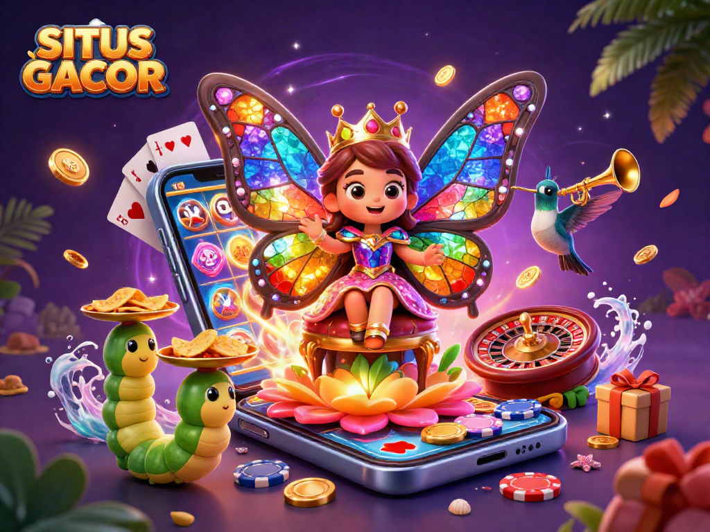 SITUS GACOR reveals a vibrant casino scene with a butterfly queen and gaming elements.