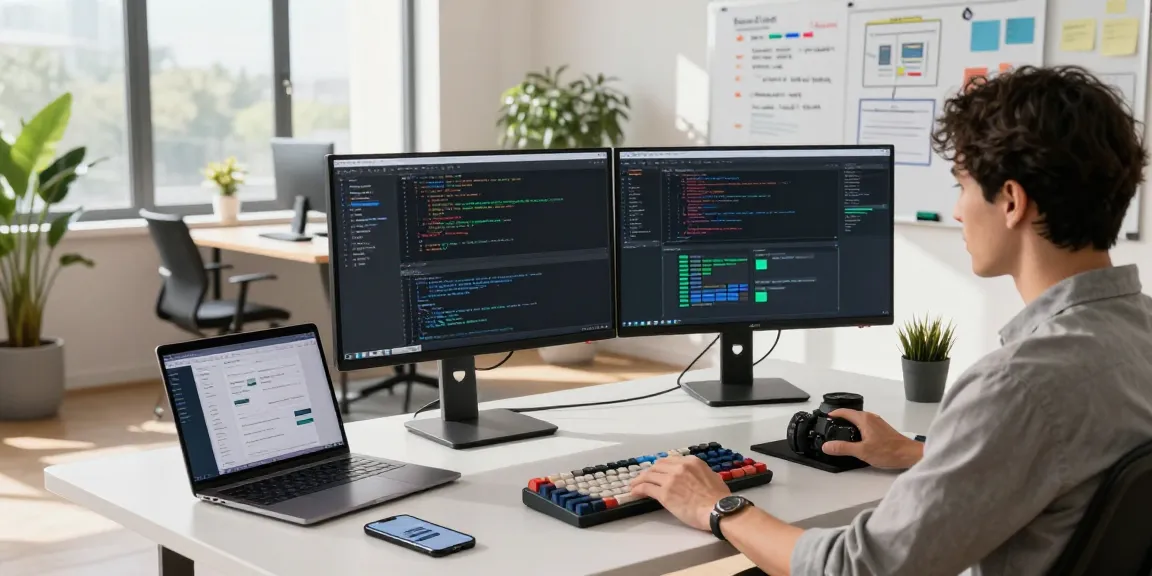 Developer coding in a modern workspace focusing on software slot applications.