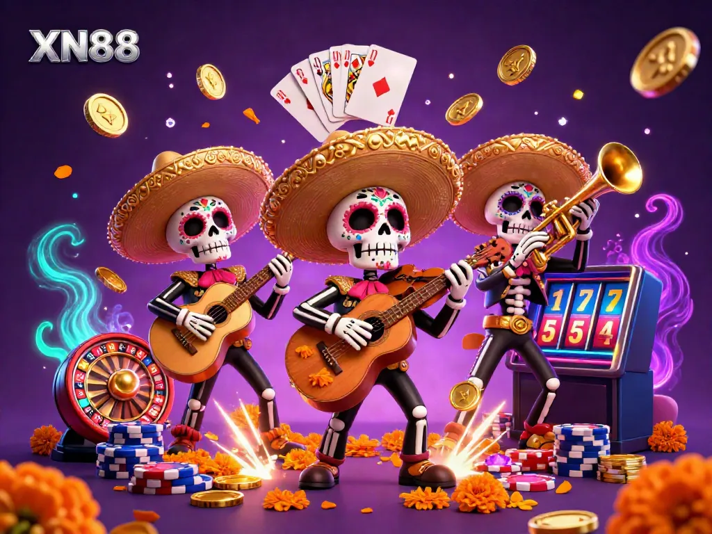 Engage with XN88's thrilling casino scene featuring a mariachi band, golden coins, and vibrant game elements.