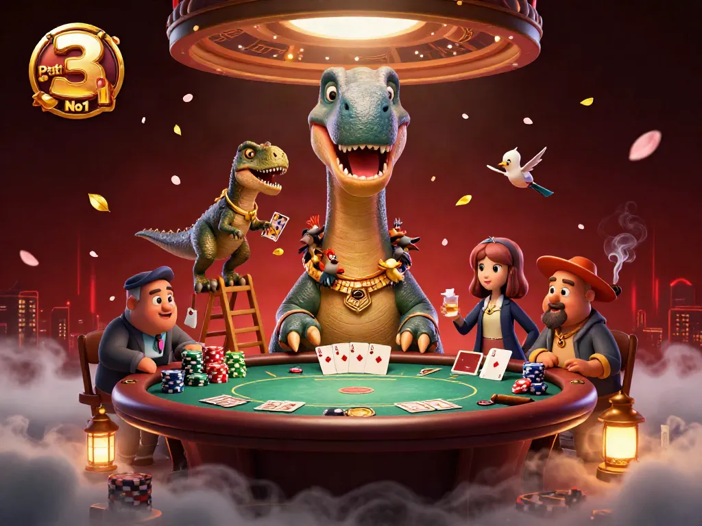 3 Patti No1 vibrant 3D illustration showcasing a brontosaurus at a poker table with colorful poker chips and cards