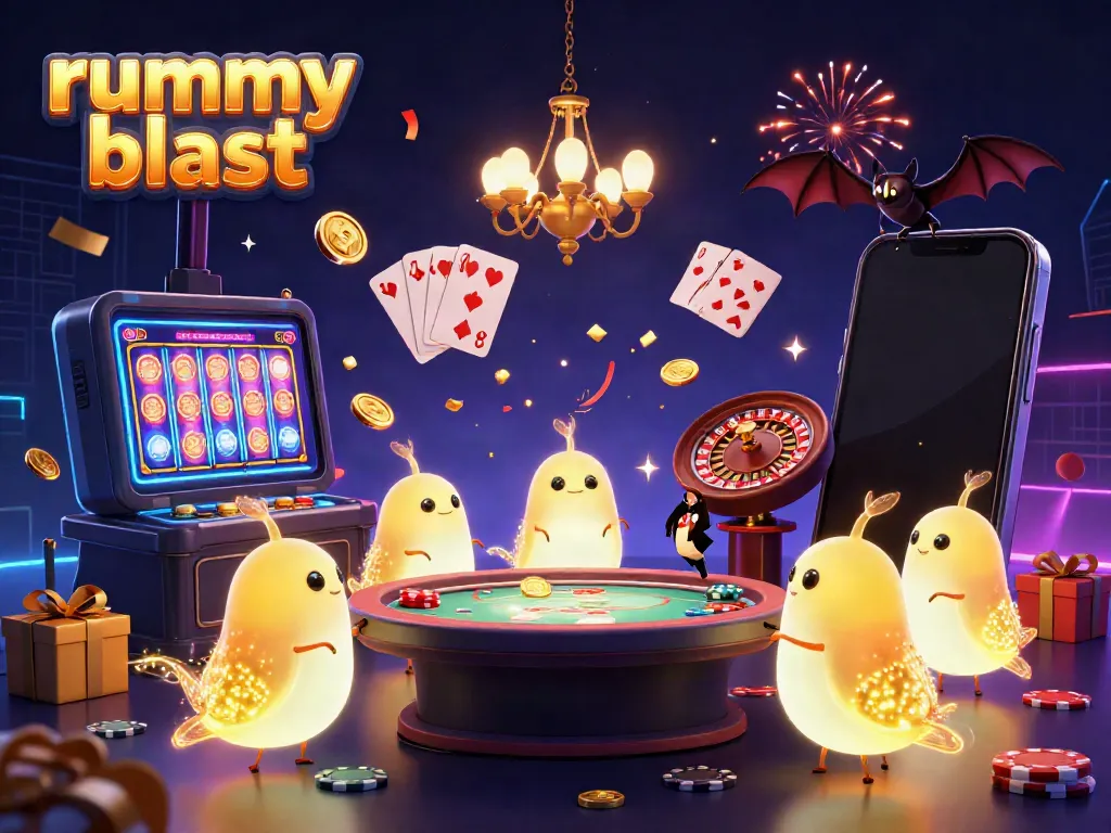 Experience rummy blast with vibrant casino visuals, glowworms illuminating gameplay.