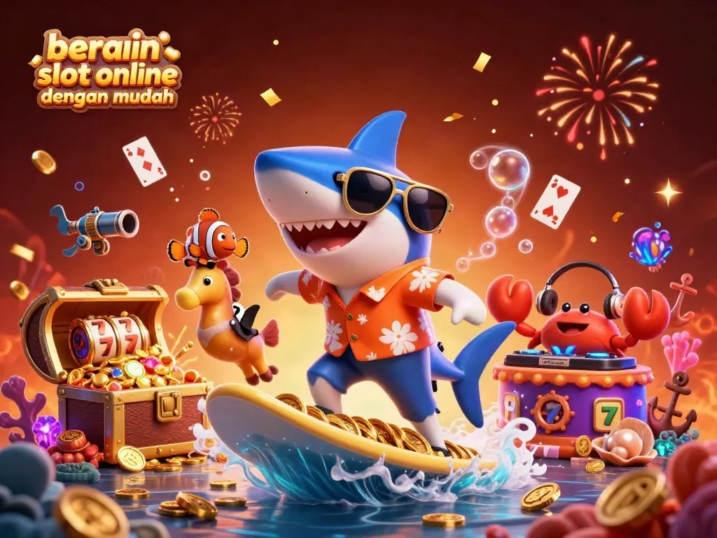 Gambaran bermain slot online dengan mudah saat ikan hiu berselancar di atas koin emas.