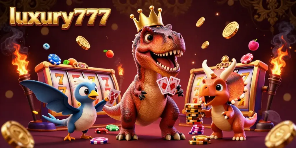Experience the thrilling excitement of luxury777 with a friendly T-Rex shuffling cards and stacking chips in a vibrant casino setting.