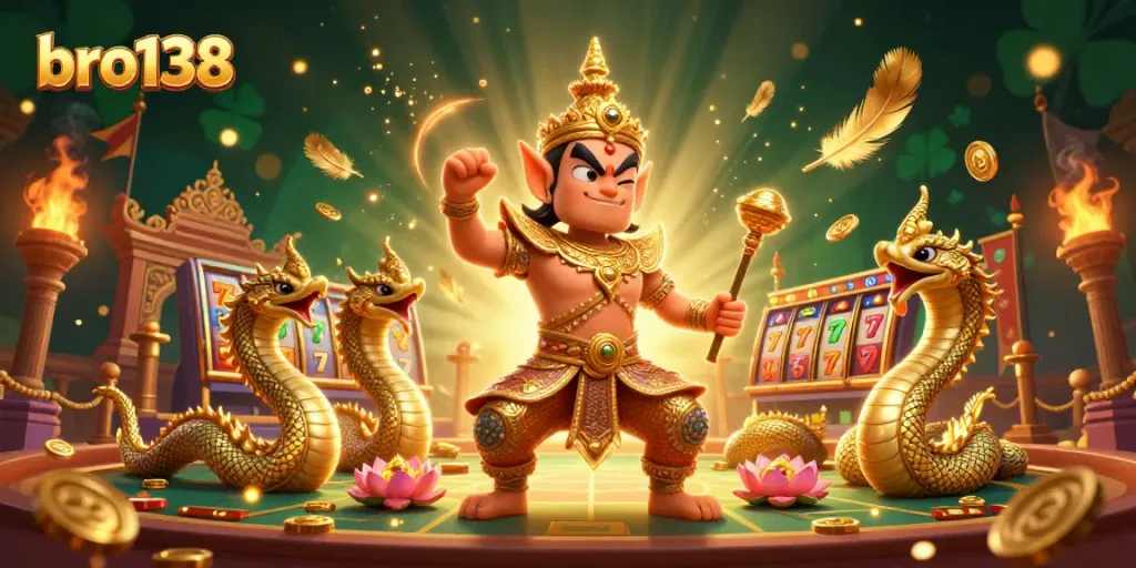 Experience exciting jackpots at bro138's vibrant slot scene with dynamic characters and casino elements.