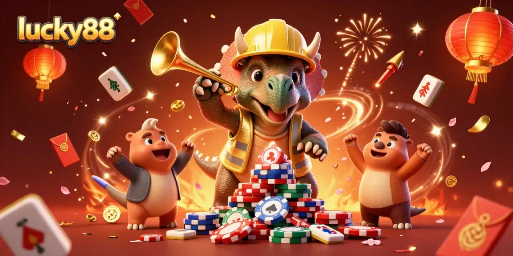 Lucky88 adds excitement as a triceratops builds a pyramid of poker chips in a festive casino-themed scene.